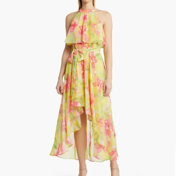 eliza j high low chiffon dress Eliza J Floral High Low Maxi Dress Size 6 Pastel Ruffle Chiffon Wedding Fairy